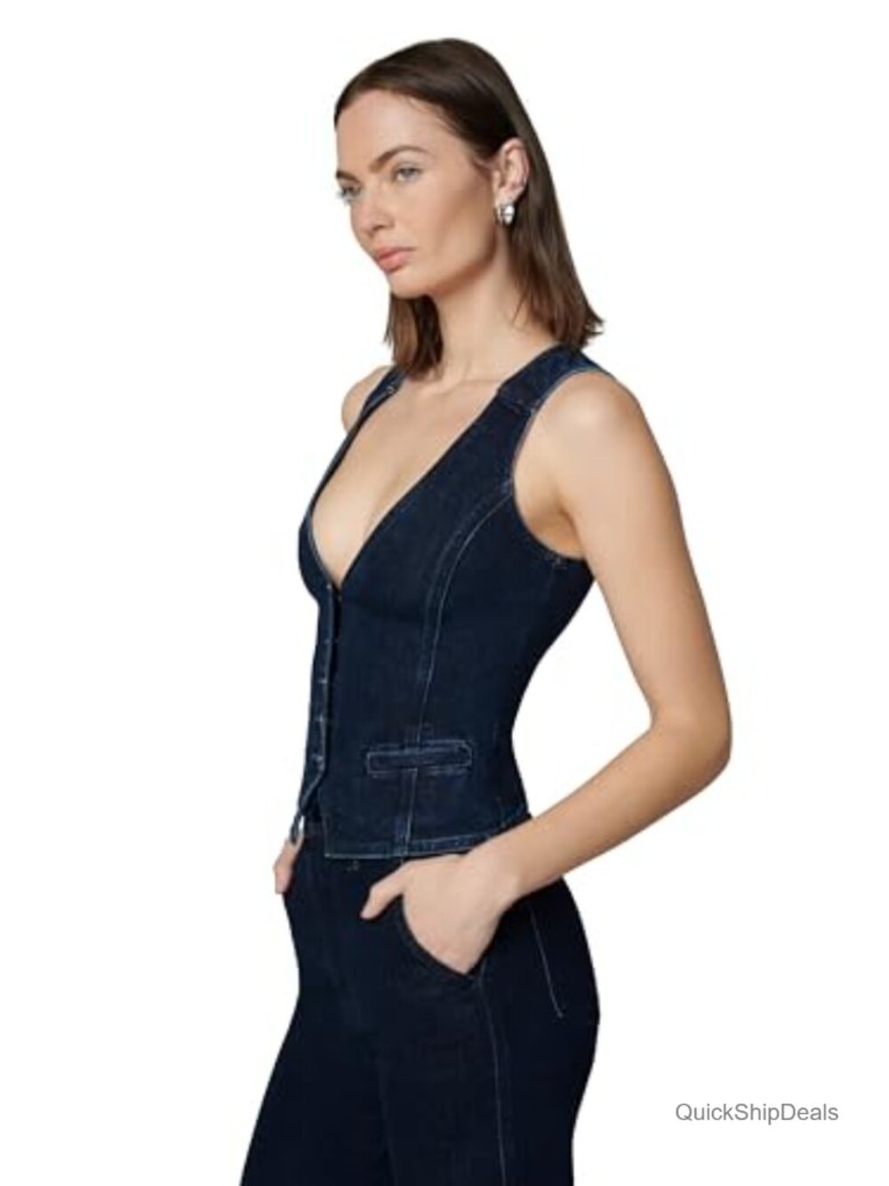 Denim Waistcoat Sleeveless Vest Fitted with Pocket Front Button Closure - Picture 2 of 7